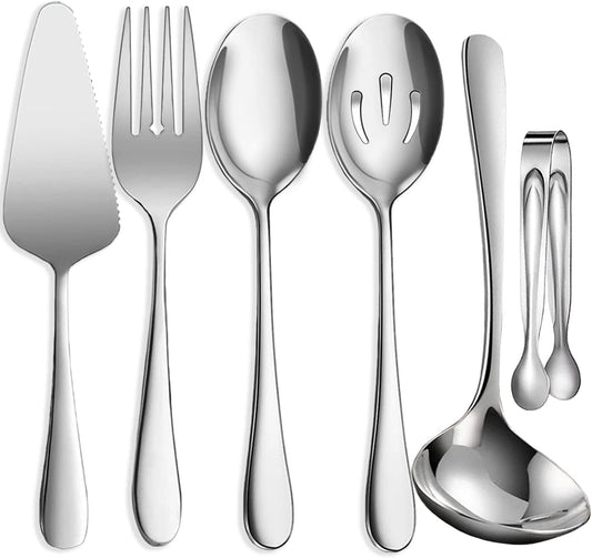 6 PCS Stainless Steel Serving Utensils, Large Serving Spoons Slotted Spoons, Forks, Ice Suger Tongs, Cake Server, Soup Ladle, Metal Utensils Set Great for Buffet Catering Banquet Party, Silver