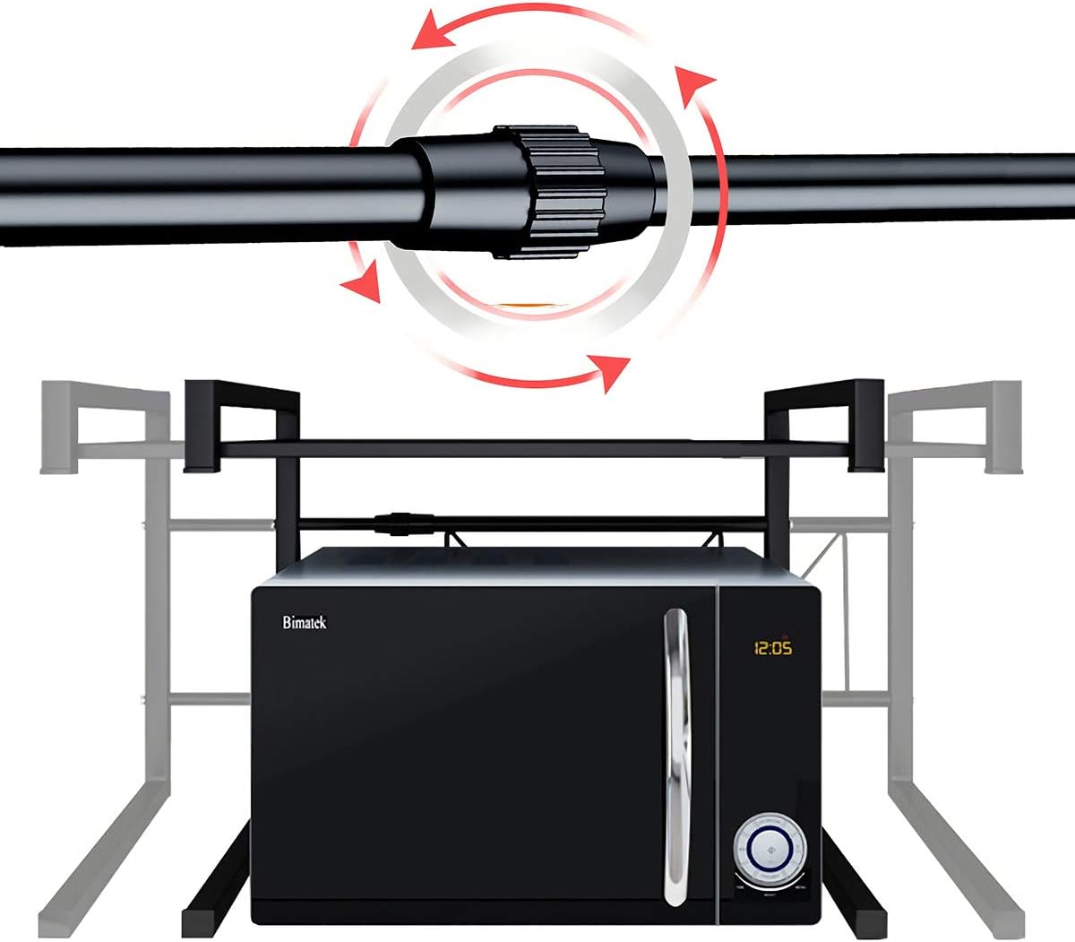 PUSDON Adjustable Carbon Steel Microwave Oven Rack, 2-Tier with 3 Hooks, 55lbs Weight Capacity, Black