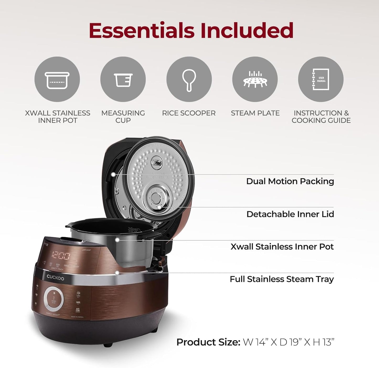 CUCKOO High Pressure Rice Cooker 10-Cup Uncooked / 20-Cup Cooked with Induction Heating Technology, Large Rice Maker with 16 Menu Options and Steam Plate, Voice Guide, Copper (CRP-JHR1009F)