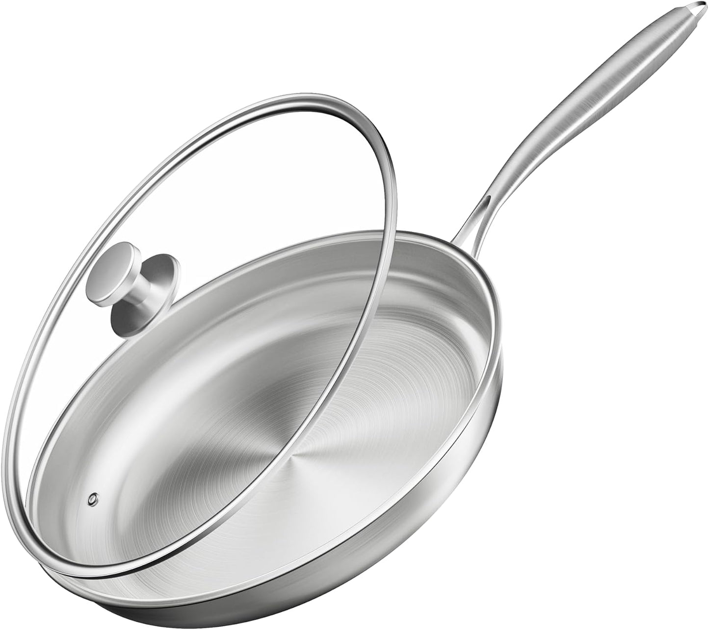 Stainless Steel Pan,10inch Stainless Steel Frying Pan with Lid, Tri-Ply 18/10 Chef’s Pan for Induction Cooktops, Oven & Dishwasher Safe Cookware with Stay-Cool Handle