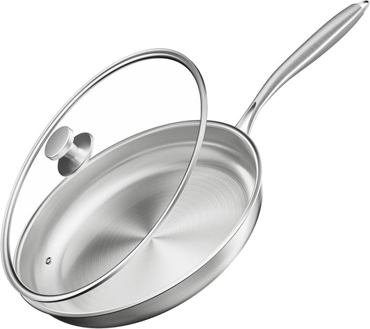 Stainless Steel Pan,10inch Stainless Steel Frying Pan with Lid, Tri-Ply 18/10 Chef’s Pan for Induction Cooktops, Oven & Dishwasher Safe Cookware with Stay-Cool Handle