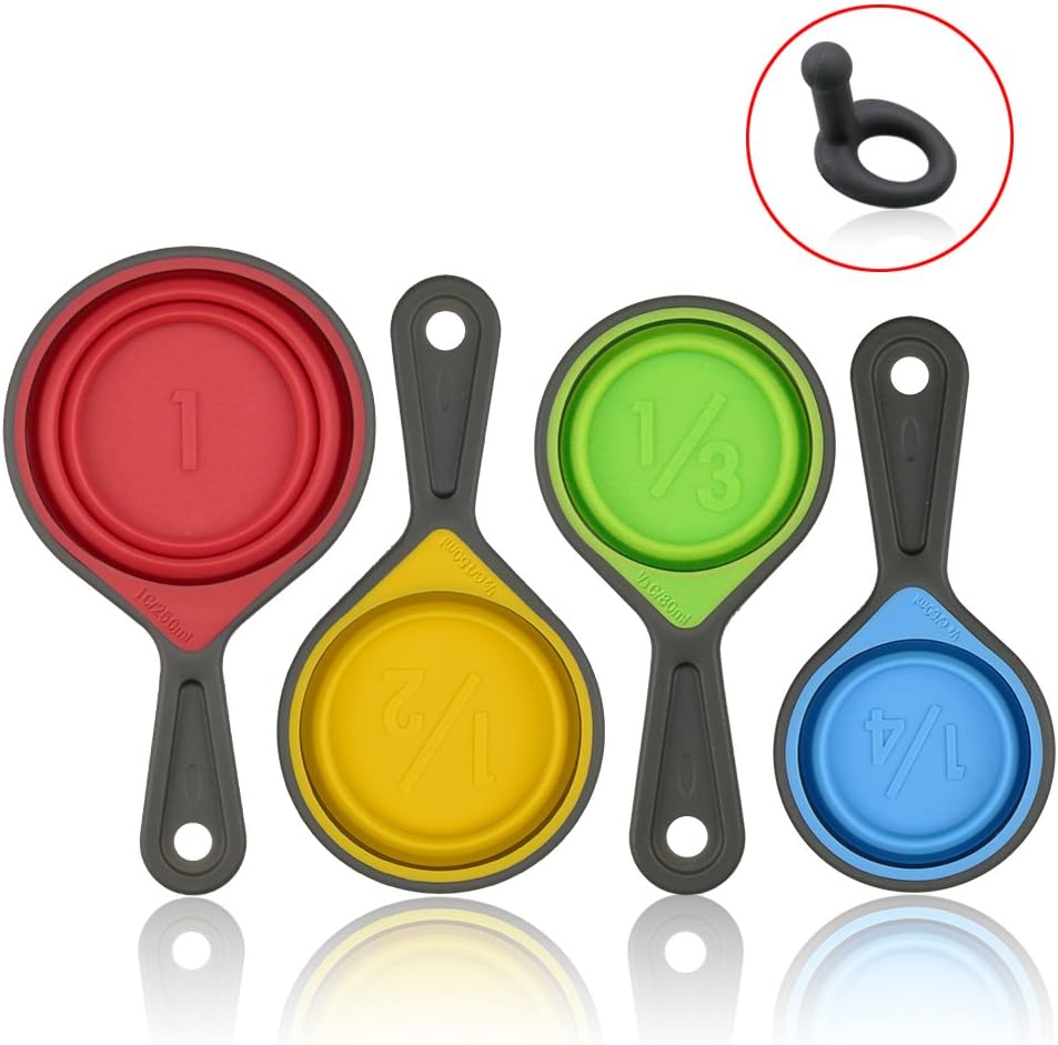 leepiya Measuring Cups and Spoons set, Collapsible Measuring Cups, 8 piece Measuring Tool Engraved Metric/US Markings for Liquid & Dry Measuring, Space Saving, BPA Free Silicone, Colorful