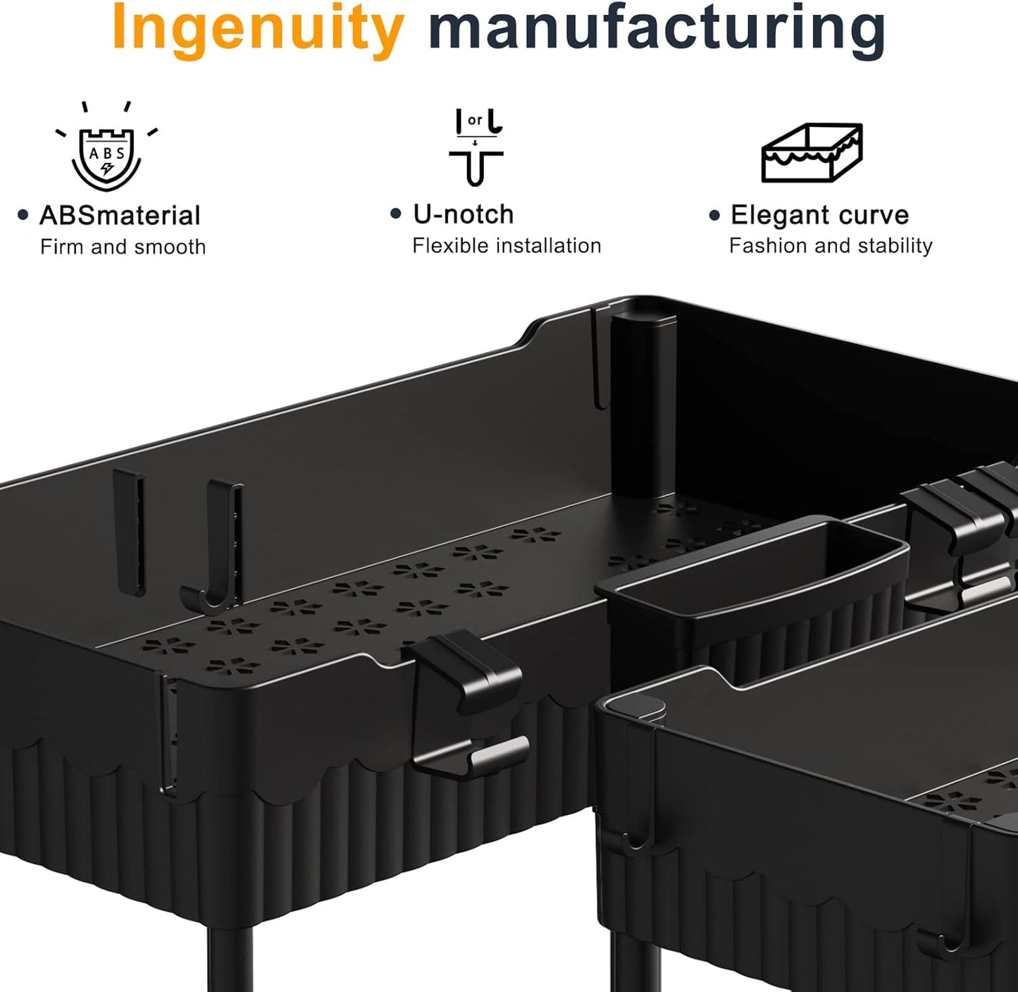 2 Pack Under Sink Organizer, Under Bathroom Cabinet Organizer with Hooks Hanging Cup, Multi-Purpose Storage Shelf for Kitchen Bathroom (Black, XL)