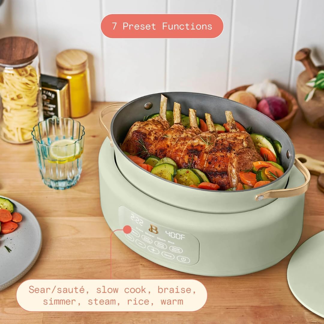 Beautiful 10-in-1 Electric Multi-Cooker by Drew Barrymore, 6-quart, digital display, 10 cooking functions, non-stick pot, easy one-touch control (Sage Green)