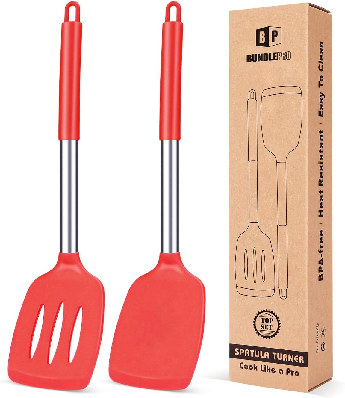 Pack of 2 Silicone Solid Turner, Non Stick Slotted Kitchen Spatulas, High Heat Resistant BPA Free Cooking Utensils, Ideal Cookware for Fish, Eggs, Pancakes(Red)