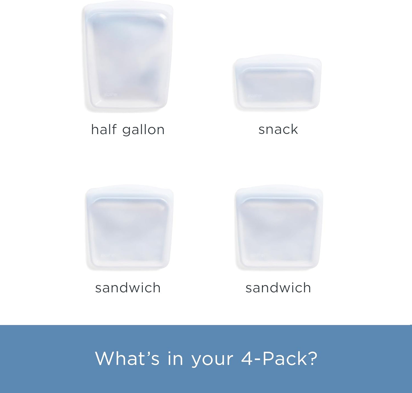 Stasher Premium Silicone Reusable Food Storage Bags, 4-Pack, Clear, Multi-Use Food Storage Bags, Lunch Bag, Travel Containers, BPA Free, Leak-free, Dishwasher-Safe, Eco-friendly