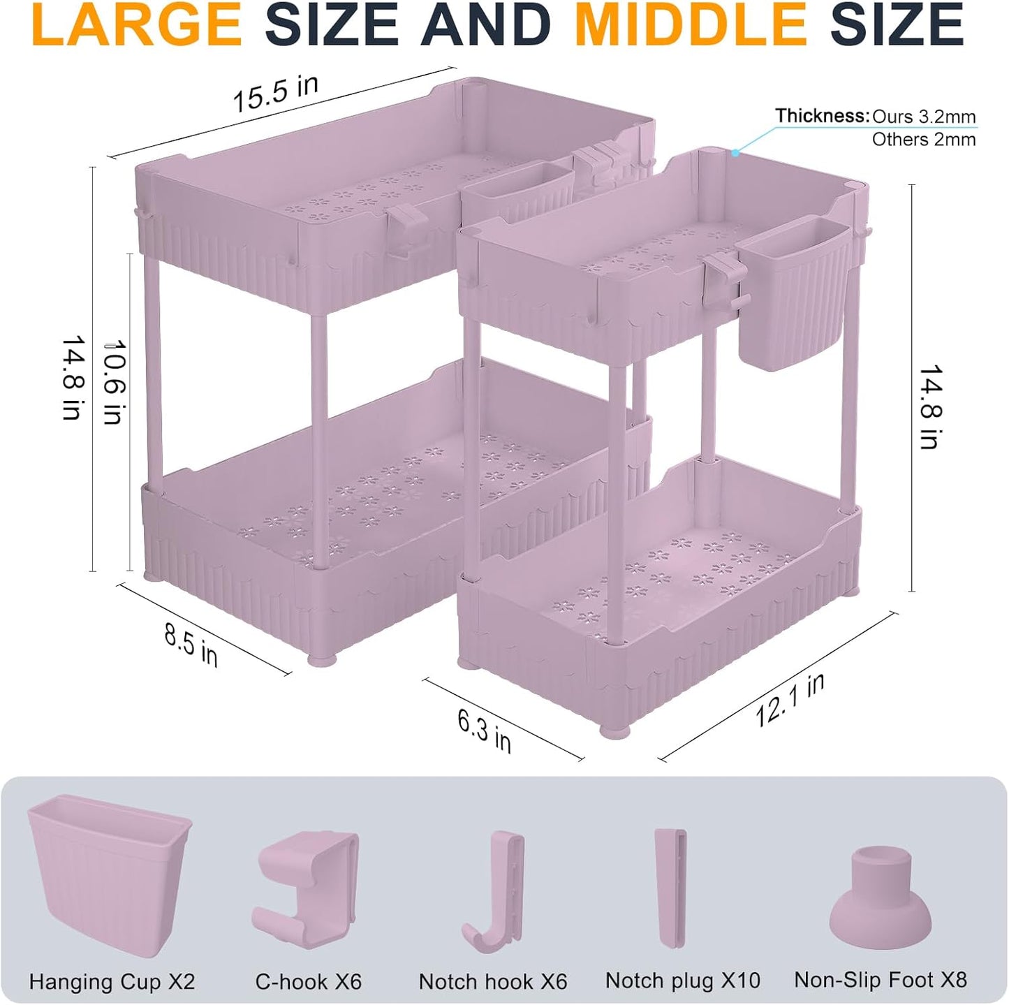 2 Pack Under Sink Organizer, Under Bathroom Cabinet Organizer with Hooks Hanging Cup, Multi-Purpose Storage Shelf for Kitchen Bathroom (Pink, XL)