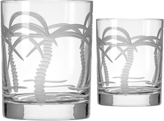 Rolf Glass Palm Tree Double Old Fashioned Glass 13 ounces – Engraved Whiskey Glasses - Lead-Free Tumbler Glass – US Made (Set of 2)