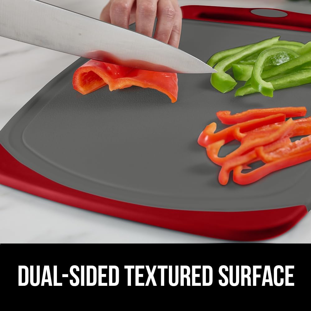 GORILLA GRIP BPA-Free Reversible Kitchen Cutting Board Set of 3, US Designed, Nonporous, Juice Grooves Catch Liquid, Slip Resistant Border, Dishwasher Safe, Durable Large Food Chopping Boards Red Gray