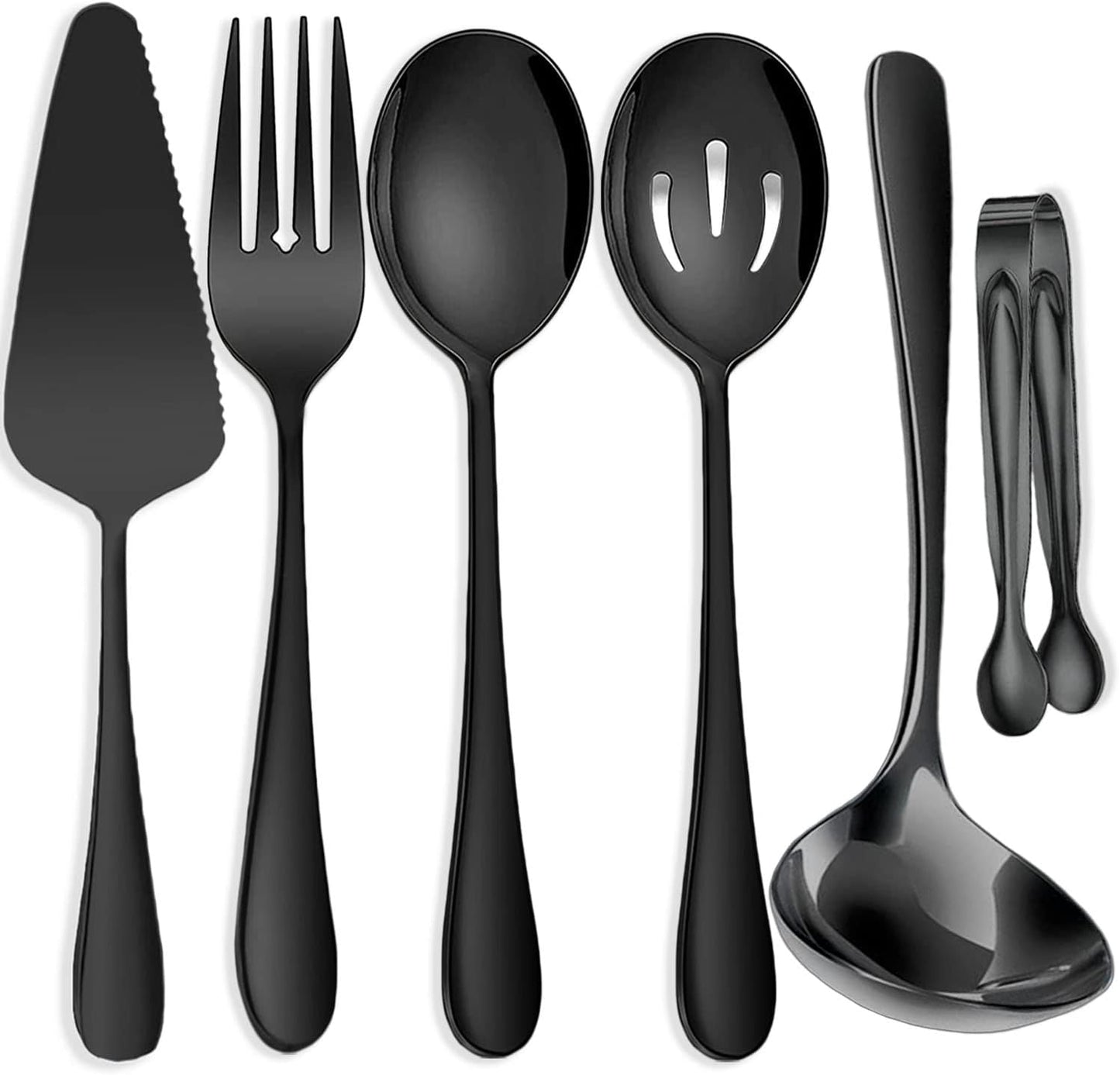 6 PCS Stainless Steel Serving Utensils, Large Serving Spoons Slotted Spoons, Forks, Ice Suger Tongs, Cake Server, Soup Ladle, Metal Utensils Set Great for Buffet Catering Banquet Party, Black
