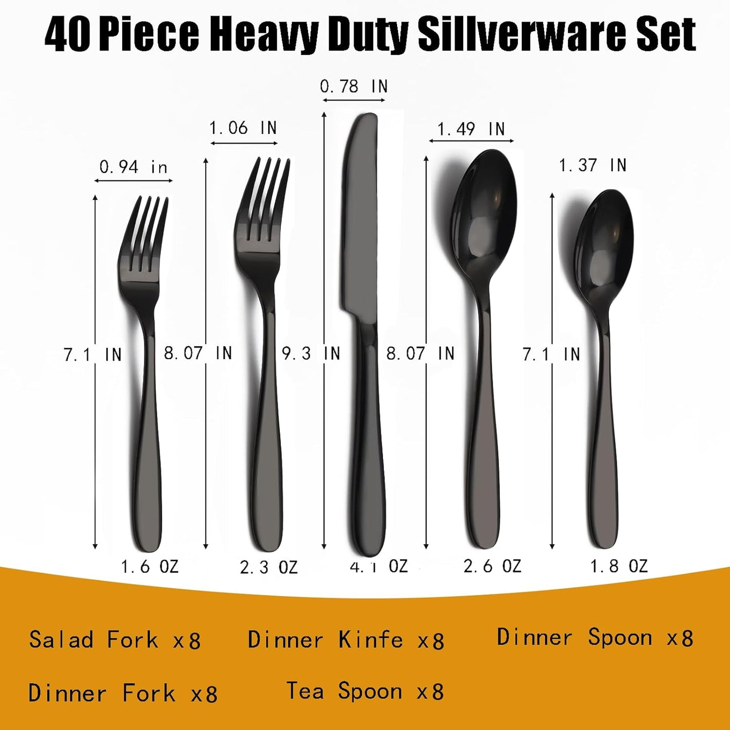 40-Piece Black Silverware Set, Flatware Set for 8, Food-Grade Stainless Steel Tableware Cutlery Set, Mirror Finished Utensil Sets for Home Restaurant, Forks Spoons and Knives Set, Dishwasher Safe