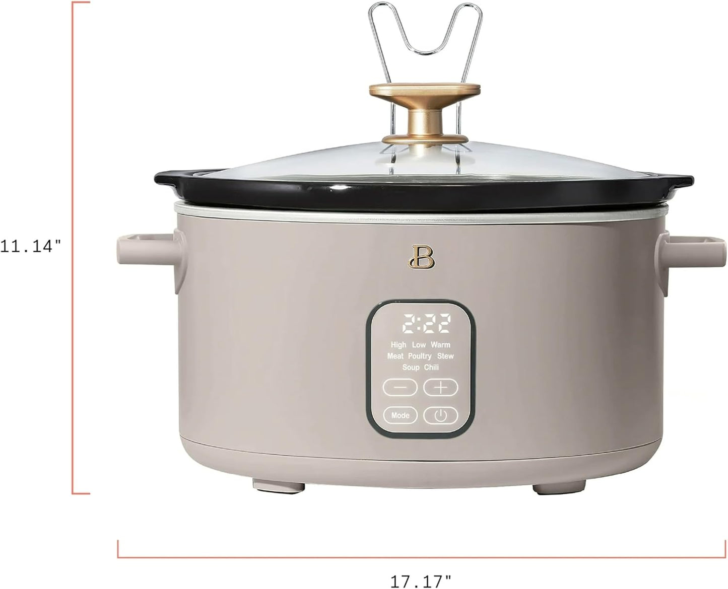 Beautiful 6 Qt Programmable Slow Cooker by Drew Barrymore - 5 Preset Cooking Functions, Digital Countdown Timer, Dishwasher-Safe Parts, and Cool-Touch Handles (Porcini Taupe.)