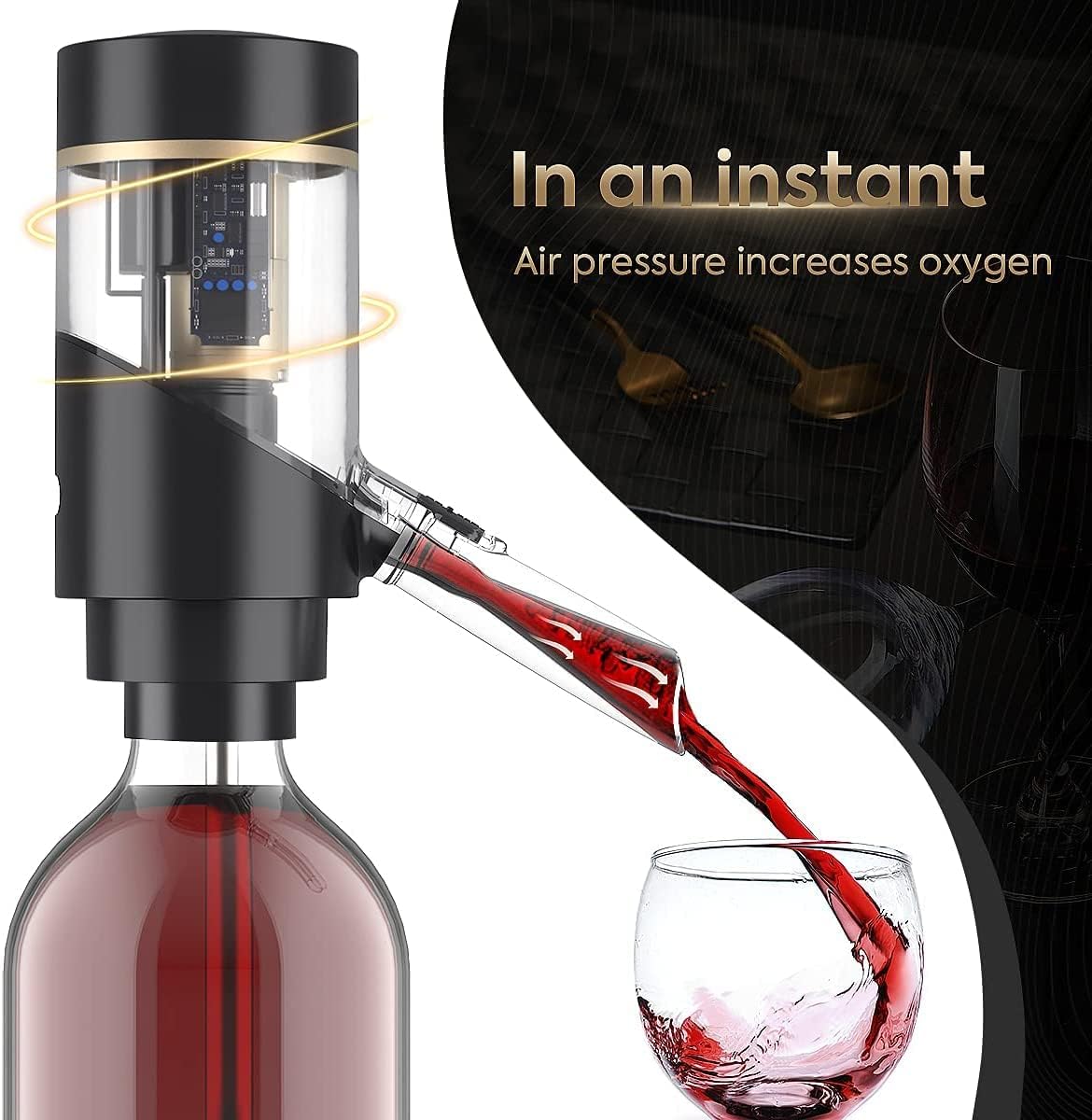 Electric Wine Aerator, Wine Dispenser Pump, Automatic Wine Pourer, Instant Wine Decanter, One-Touch Wine Oxidizer with Retractable Tube, Portable and USB Rechargeable, Matte Black