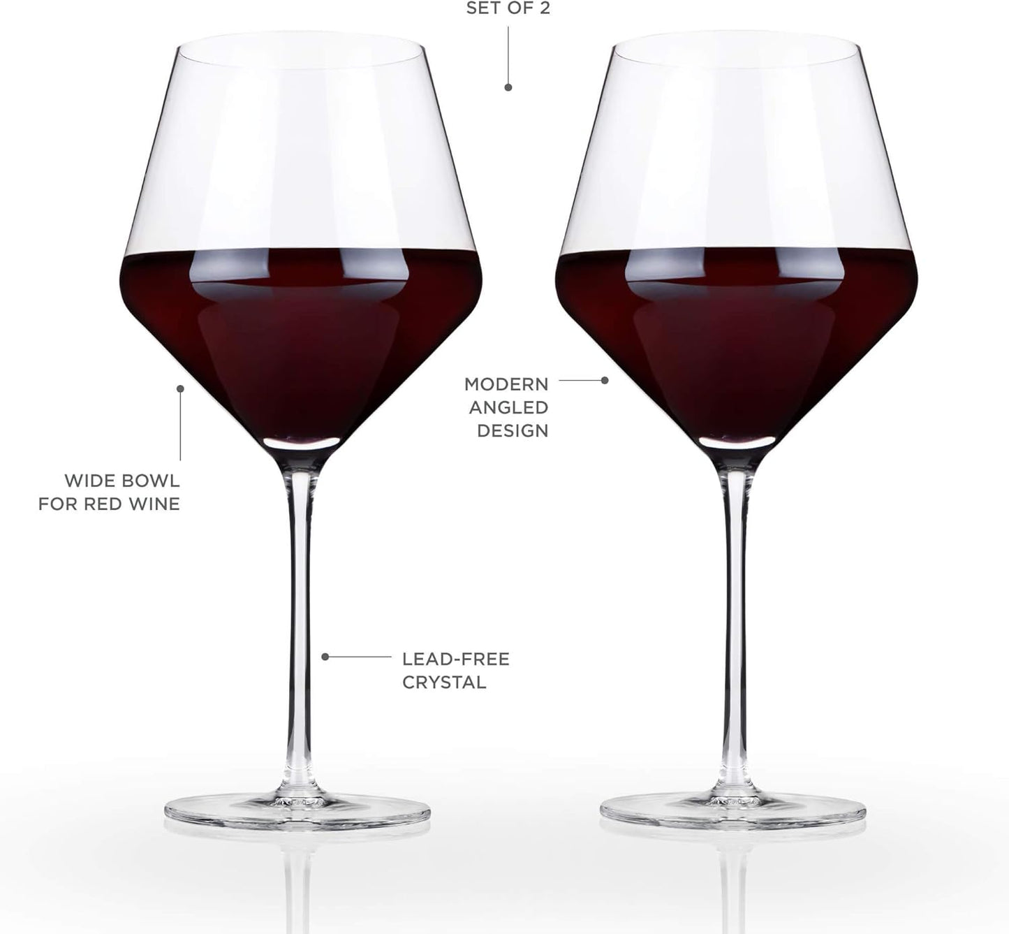 Viski Raye Angled Burgundy Wine Glasses, Crystal Clear Red Wine Glasses for Wedding, Anniversary, Birthday Gifts for Women and Men, Home Bar, Elegant Glassware, 21 oz, Set of 2