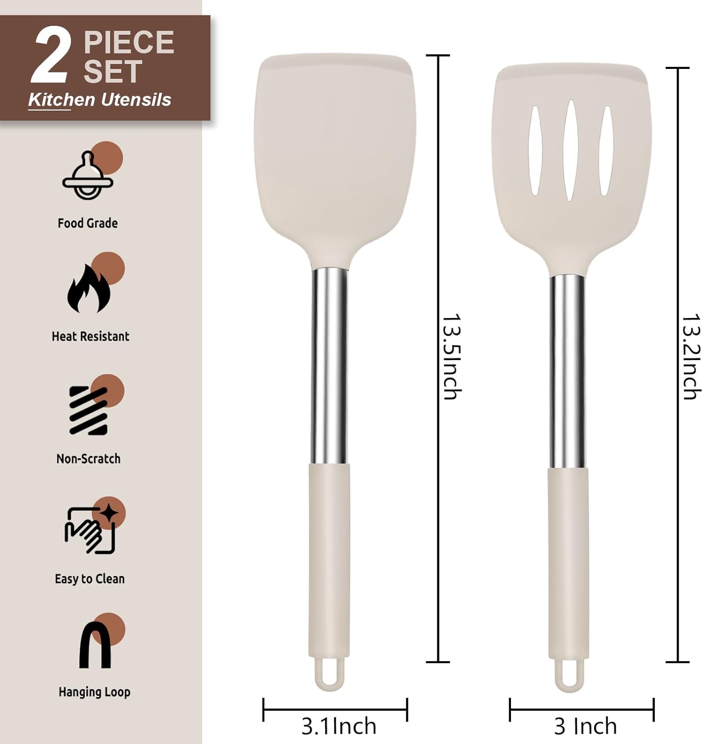 E-far Silicone Spatula Set of 2, Solid & Slotted Turner for Nonstick Cookware, Heat Resistant Rubber Kitchen Cooking Utensils for Flipping Fish Pancake Egg - Khaki