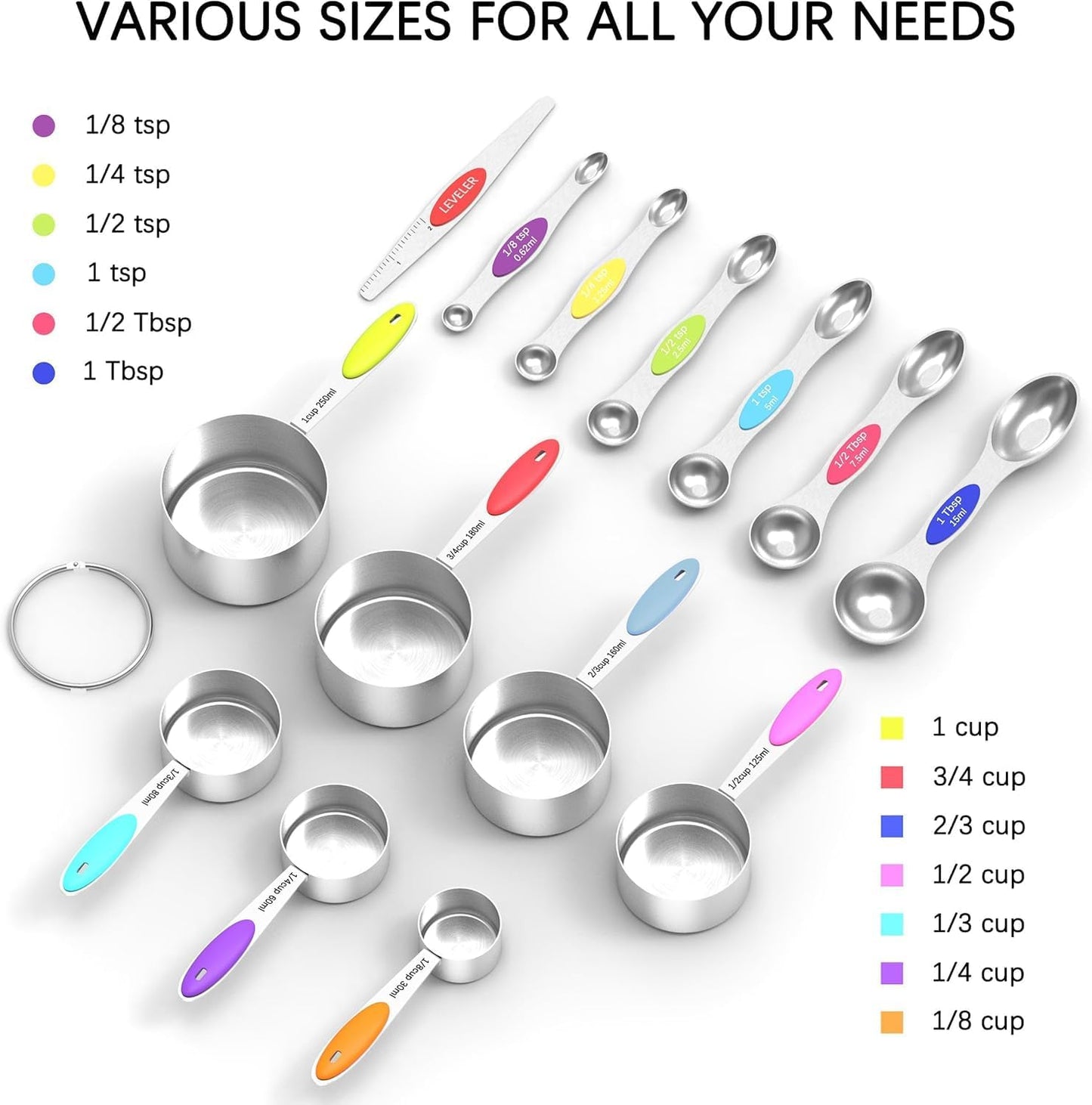 TILUCK measuring cups and magnetic measuring spoons set, stainless steel measuring cups, 6 double-sided stainless steel measuring spoons & 1 leveler (14)