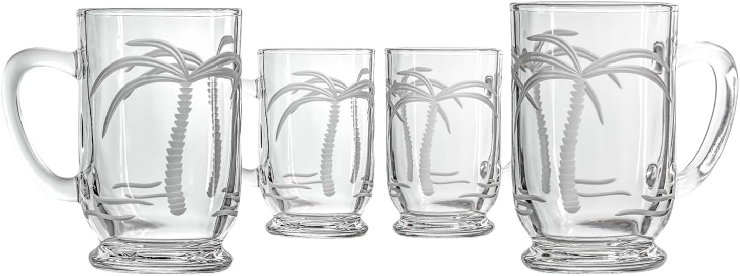 Rolf Glass Palm Tree Bolero Mug | 16oz Coastal Glassware | Set of 4 Tropical Drink Glasses | Engraved and Lead-Free Crystal Glass | Designed and Engraved in the USA