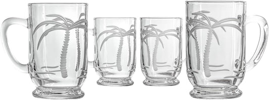 Rolf Glass Palm Tree Bolero Mug | 16oz Coastal Glassware | Set of 4 Tropical Drink Glasses | Engraved and Lead-Free Crystal Glass | Designed and Engraved in the USA