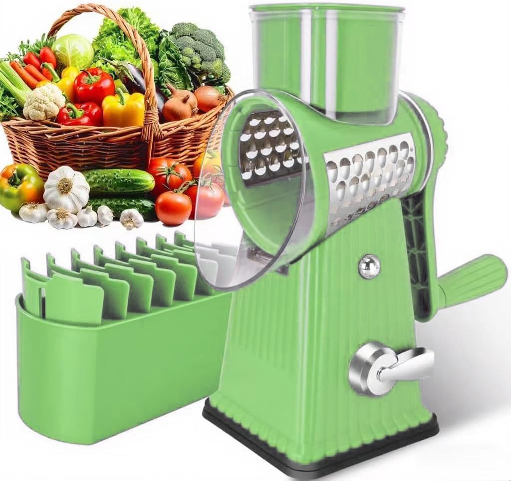 Rotary Cheese Grater with 5 Well-designed Blades & Strong Suction Base, Kitchen Mandoline Vegetable Slicer with Blade Storage Box (GREEN)