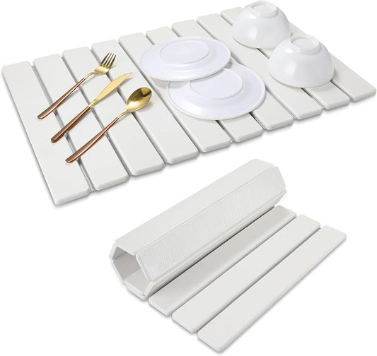 Large Stone Dish Drying Mat for Kitchen Counter 24”x16” Quick Dry & Super Absorbent Diatomaceous Earth Stone Drying Mat, Foldable, Sustainable Roll Away Dish Mat for Dishes, Bottles & Cups