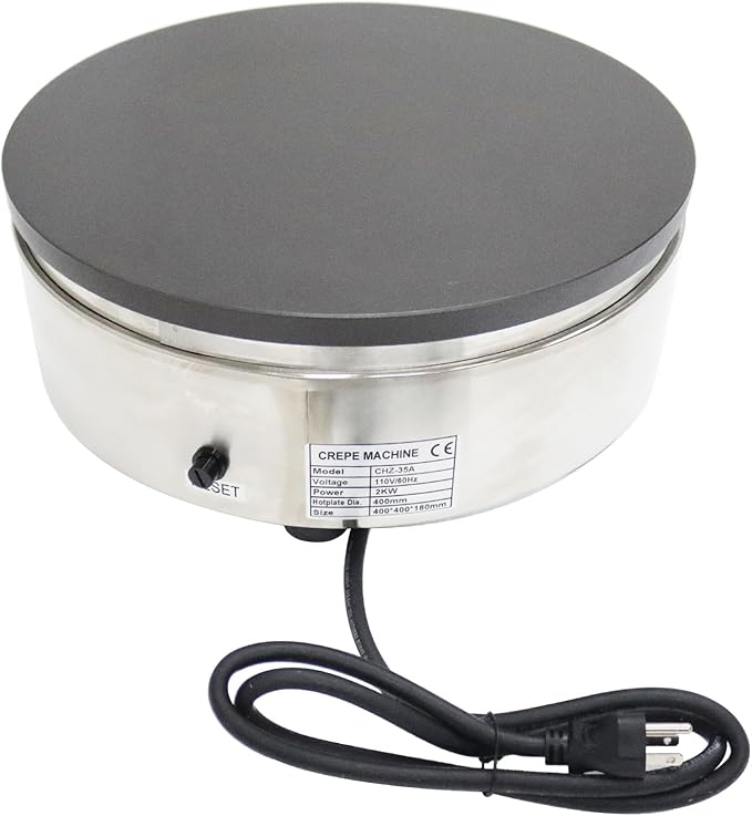 Electric Single Burner Crepe Maker,2KW Round Stainless Steel Pancake Machine 40cm(15.75") Nonstick Griddle with Temperature Control for Pancakes, Eggs, Bacon & Tortillas