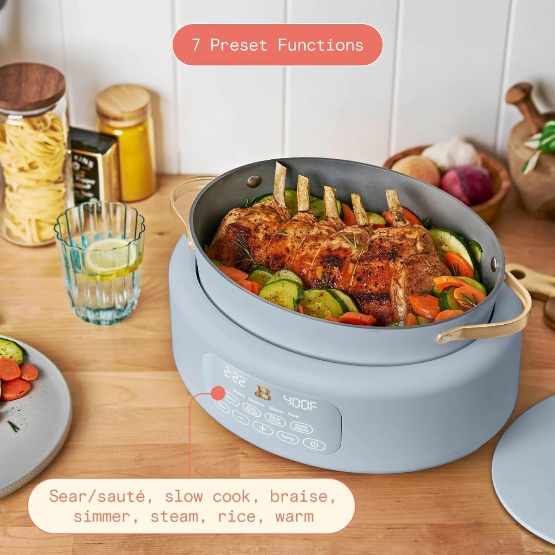 Beautiful 10-in-1 6Qt Electric Multi-Cooker with 7 Presets,Oven-Safe Pot & Lid,Sauté,Steam,Slow Cook,Slow Cooker,Simmer, Rice & Mor, Touch Display,Dishwasher Safe,Serves Up to 7(Cornflower Blue)