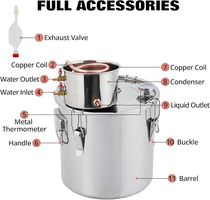 Alcohol Still 5 Gal/20L, Alcohol Water Distiller Thickened Stainless Steel Spirits Kit w/Copper Tube & Display Thermometer, Home Brew Wine Making Kit for Diy Whiskey, Wine, Brandy, Essential Oil