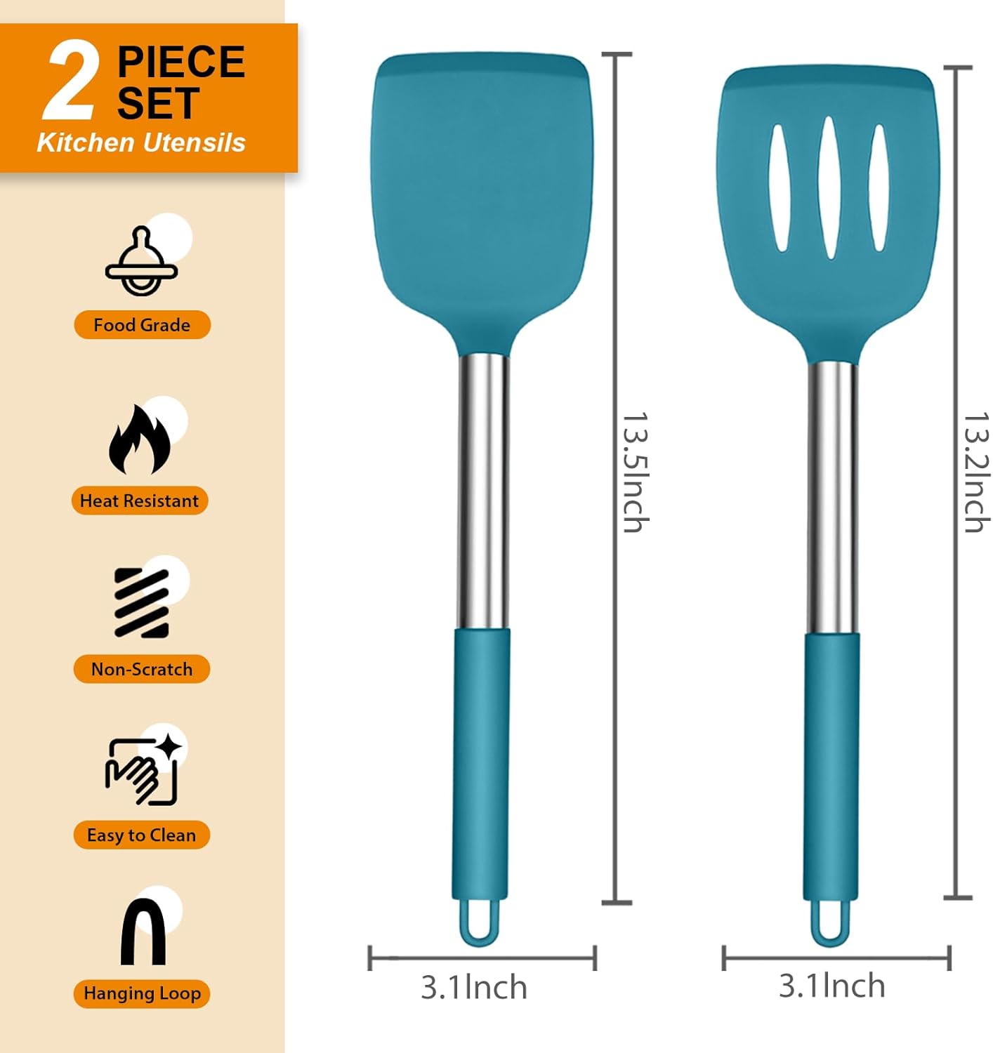 Silicone Spatula Set of 2, E-far Solid & Slotted Turner for Nonstick Cookware, Heat Resistant Rubber Kitchen Cooking Utensils for Flipping Fish Pancake Egg - Teal Blue