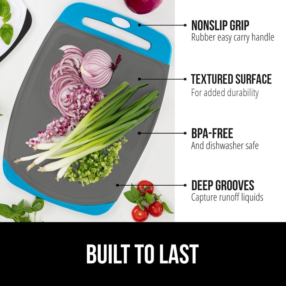 GORILLA GRIP BPA-Free Reversible Kitchen Cutting Board Set of 3, US Designed, Nonporous, Juice Grooves Catch Liquid, Slip Resistant Border, Dishwasher Safe, Durable Food Chopping Boards, Aqua Gray