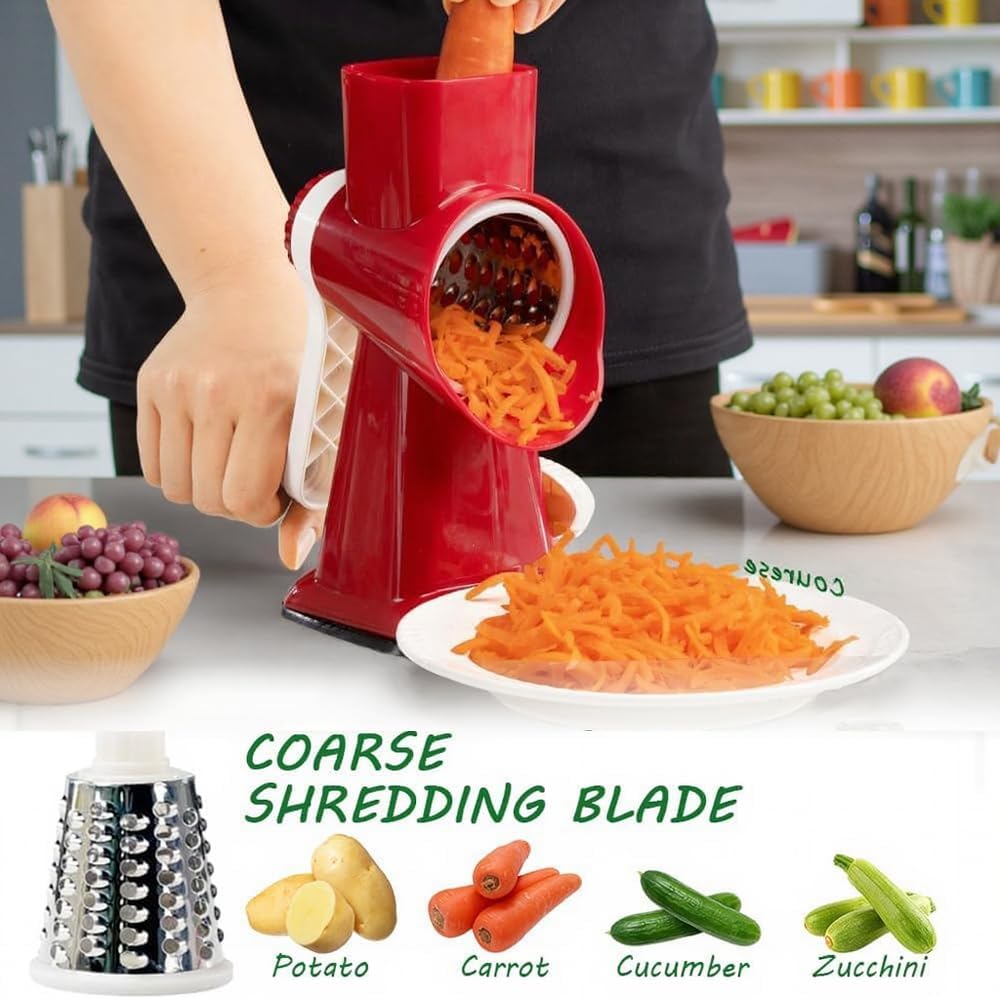 Cheese Grater with Handle, Multifunctional Manual Rotary Cheese Grater - Cheese Shredder Easily Chop Carrots, Potatoes, Vegetables and Fruits and Easy to Clean(red)