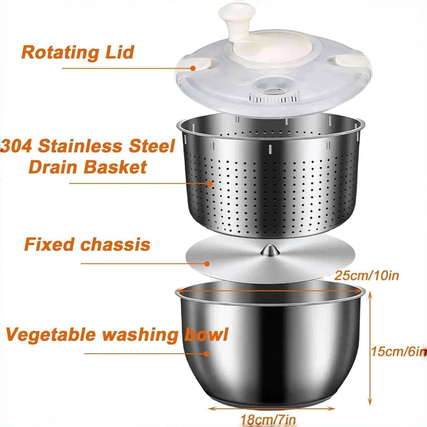 6L Stainless Steel Salad Spinner, Vegetable Spinner, Lettuce Spinner, Fruit Washer, Quick Spin Commercial Salad Spinner for Household Vegetables and Pasta Fries Spinner Essential Kitchen Utensils