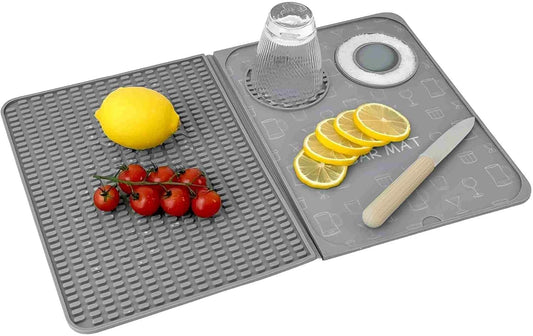Bar Mat, Bar Accessories, Multifunctional Folding Cocktail Mat with Cutting Board, 18" X 12"(Gray) Drying Mats,Bar Mat for Countertops,Bar Decorations for Home, Outdoor Bar Accessories,Travel