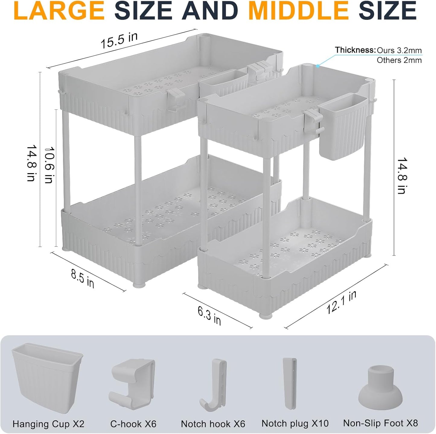 2 Pack Under Sink Organizer, Under Bathroom Cabinet Organizer with Hooks Hanging Cup, Multi-Purpose Storage Shelf for Kitchen Bathroom (Gray, XL)