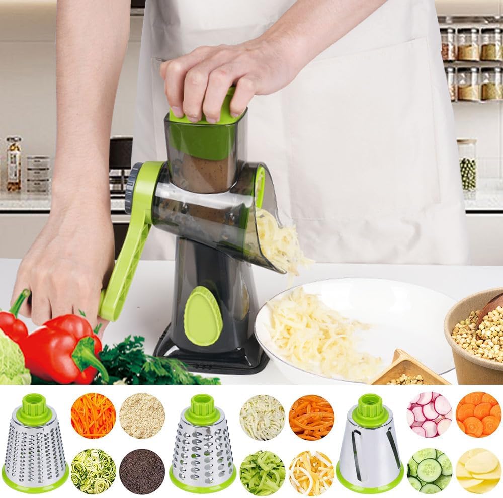 Rotary Cheese Grater with 3 Stainless Steel Blades, Hand Crank Vegetable Slicer, Suction Base, Green