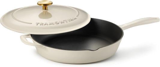 Tramontina Bestow Enameled Cast Iron Skillet with Lid, 12-inch Frying Pan, Latte with Gold Knob