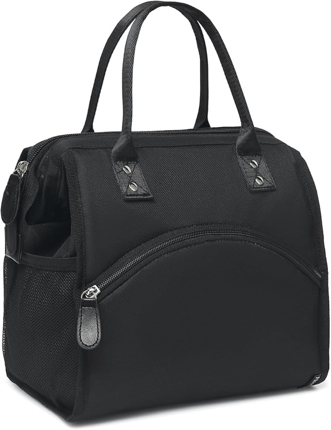 FlowFly Insulated Lunch Bag for Women, Men, Large and Reusable, Handle, Work and Travel Tote and Meal Prep Organizer, Black