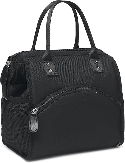 FlowFly Insulated Lunch Bag for Women, Men, Large and Reusable, Handle, Work and Travel Tote and Meal Prep Organizer, Black