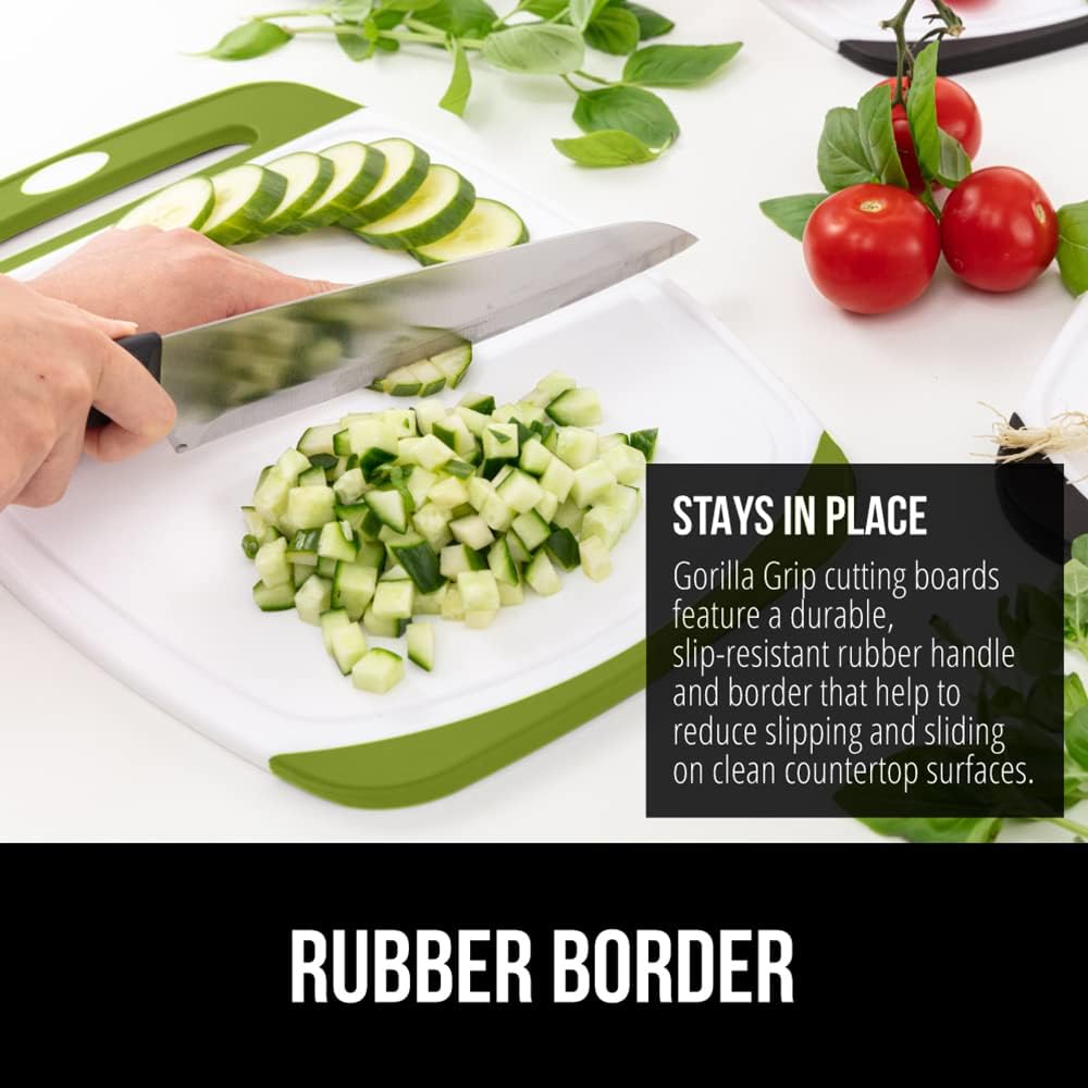 GORILLA GRIP BPA-Free Reversible Kitchen Cutting Board Set of 3, US Designed, Nonporous, Juice Grooves Catch Liquid, Slip Resistant Border, Dishwasher Safe, Durable Food Chopping Boards, Lime Green