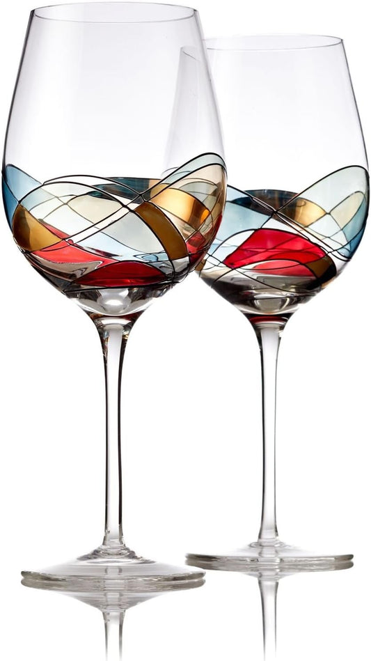 Bezrat Red Wine Glasses Set of 2, Hand Painted Wine Glass, Drinkware Essentials, 11" H, 28oz Wine Lover Large Glass, Glassware Gifts Ideas for Women Inspired by 'Duomo di Milano' Mothers Day (Red)
