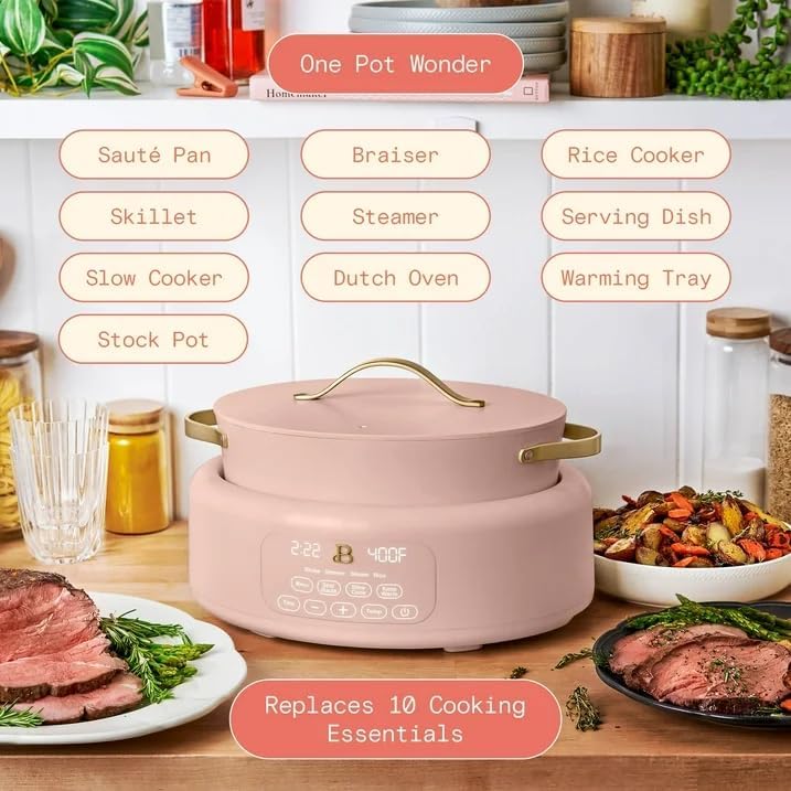 Beautiful™ 10-in-1 Electric Multi-Cooker, 6 Quart –Rose, by Drew Barrymore, Slow Cook, Sauté, Steam, Rice, Pressure Cook, Sear, Warm & More, Programmable Digital Display, Dishwasher-Safe Pot