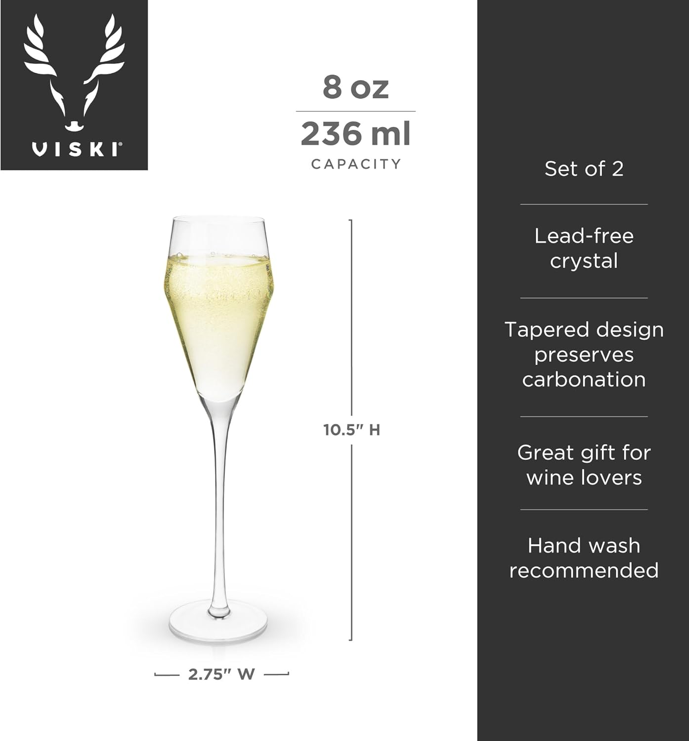 Viski Angled Prosecco Sparkling Wine Glasses, Crystal Clear Long Stemmed Champagne Glasses Gift Set, Sleek Glassware for Wedding Gifts, Housewarming, Dinner Party, Home Bar, 8 oz, Set of 2