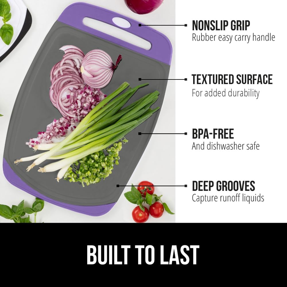 GORILLA GRIP BPA-Free Reversible Kitchen Cutting Board Set of 3, US Designed, Nonporous, Juice Grooves Catch Liquid, Slip Resistant Border, Dishwasher Safe, Durable Food Chopping Boards, Purple Gray