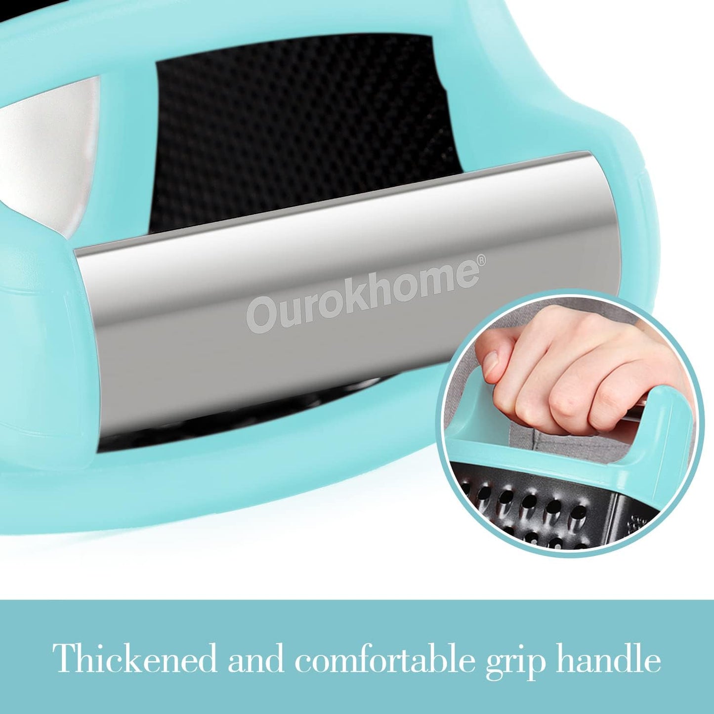 Ourokhome Cheese Grater with Handle, Stainless Steel Box Grater, 4 Side Kitchen Vegetable Shredder Slicer Zester with Container for Parmesan, Cabbage, Ginger, Lemon, Chocolate, Coconut (Teal black)