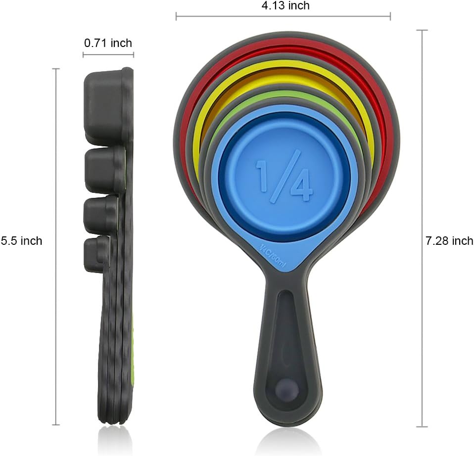 leepiya Measuring Cups and Spoons set, Collapsible Measuring Cups, 8 piece Measuring Tool Engraved Metric/US Markings for Liquid & Dry Measuring, Space Saving, BPA Free Silicone, Colorful