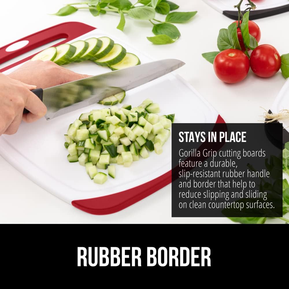 GORILLA GRIP BPA-Free Reversible Kitchen Cutting Board Set of 3, US Designed, Nonporous, Juice Grooves Catch Liquid, Slip Resistant Border, Durable Food Chopping Boards, Christmas Kitchen Decor, Red