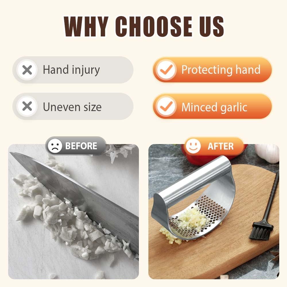 Stainless Steel Garlic Press, 2026 Upgrade Garlic Press Rocker Heavy Duty Stainless Steel Garlic Mincer, Heavy Garlic Chopper with Peeler And Cleaning Brush (No Corkscrew)