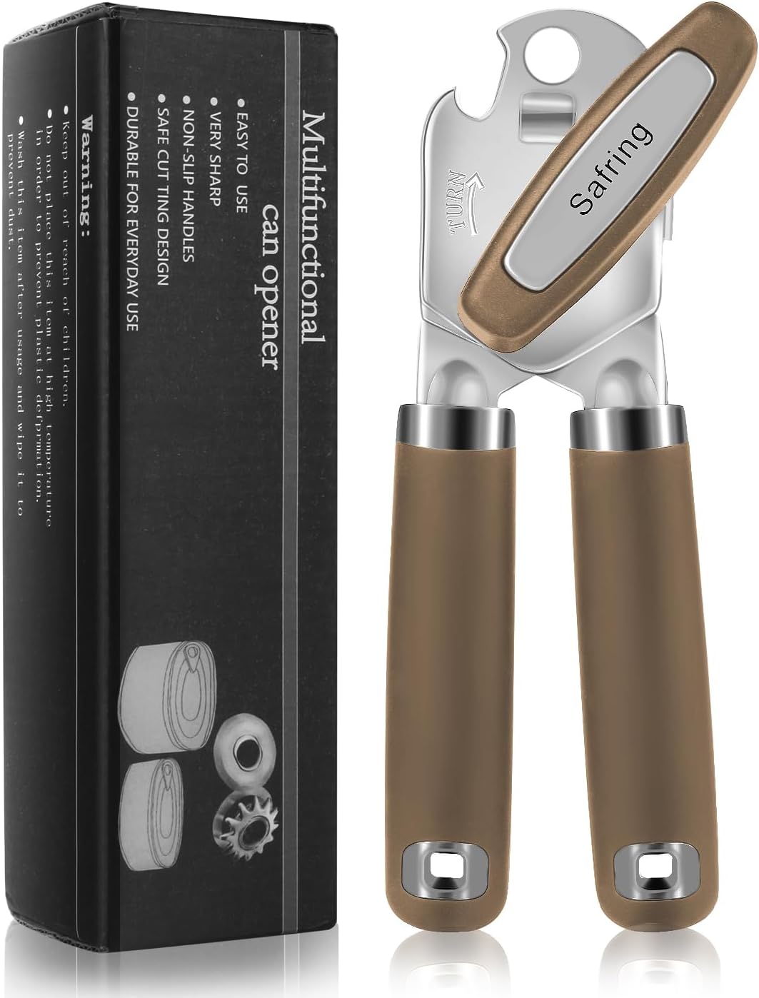 Can Opener Manual, Heavy Duty Handheld Strong Can Opener with Soft Touch Handle, Sharp Blade Smooth Edge, Can Openers with Multifunctional Bottle Opener, Coffee