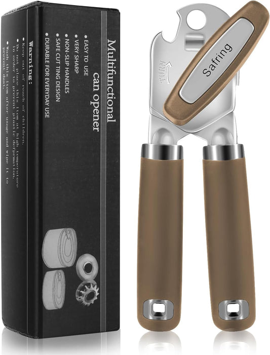 Can Opener Manual, Heavy Duty Handheld Strong Can Opener with Soft Touch Handle, Sharp Blade Smooth Edge, Can Openers with Multifunctional Bottle Opener, Coffee