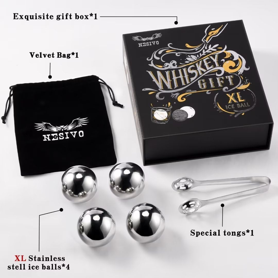 Whiskey Balls Reusable 55mm, Bourbon Gifts for Men Stocking Stuffers, Whiskey Ice Stones with Tongs, for Dad Who Has Everything, Anniversary Birthday Gifts for Boyfriend Grandpa Him Husband from Wife