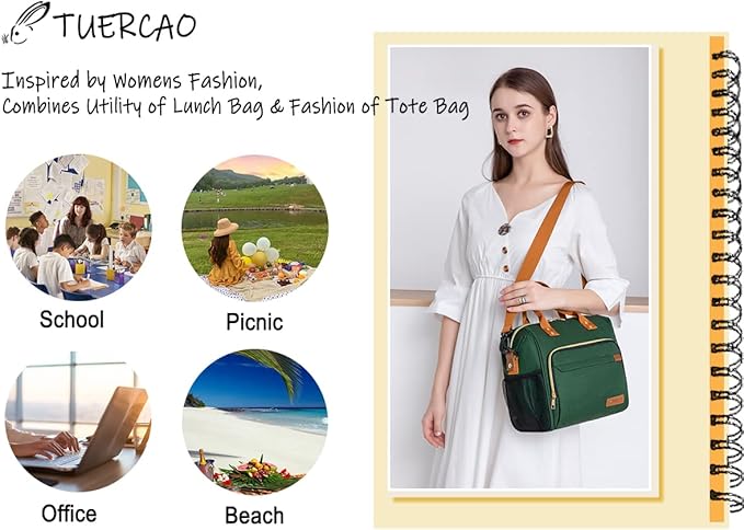 TuErCao Insulated Lunch Bag Adult Lunch Box for Women for Work Leakproof Soft Cooler for Beach Travel Picnic, Dark Green